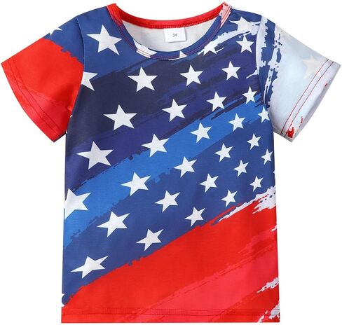 تي شيرت للأولاد والبنات بعلم أمريكي بأكمام قصيرة من القطن 4th من يوليو تي شيرت للأطفال الصغار ملابس وطنية أمريكية 3t-10t in Kuwait