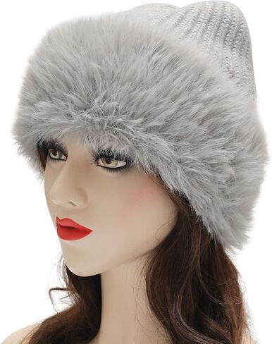 ZLYC Winter Faux Fur Slouchy Beanie Hat for Women Warm Knit Stretch Cuffed Skull Cap in Saudi Arabia