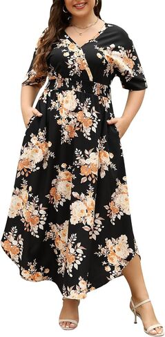 Nemidor Womens Casual Plus Size Boho Print V Neck Flared Maxi Dress with Pocket NEM403 in Saudi Arabia