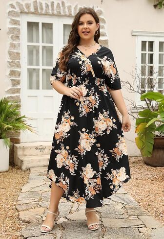 Nemidor Womens Casual Plus Size Boho Print V Neck Flared Maxi Dress with Pocket NEM403 in Saudi Arabia
