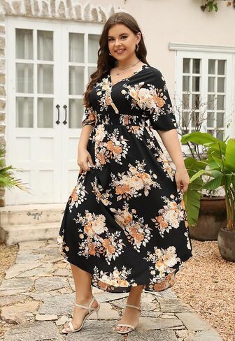 Nemidor Womens Casual Plus Size Boho Print V Neck Flared Maxi Dress with Pocket NEM403 in Saudi Arabia