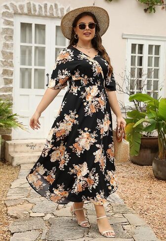 Nemidor Womens Casual Plus Size Boho Print V Neck Flared Maxi Dress with Pocket NEM403 in Saudi Arabia