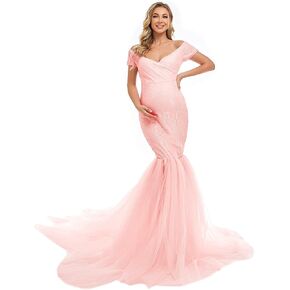 MYRISAM Pregnant Women White Lace Rainbow Tulle Maternity Dress Off-Shoulder Sweetheart Mermaid Photo Shoot Gown w/Train