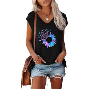 Anbech Cap Sleeve Tops Women Graphic V Neck Tank Tops Solid Print Casual T-Shirts in Kuwait