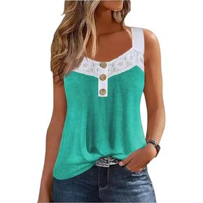 Lace Splicing Button Tank Tops for Women Sexy Square Neck Tank Tees Summer Casual Loose Fit Sleeveless Camisole T Shirts