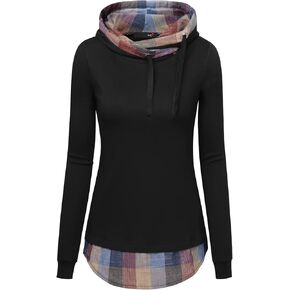 DJT Women's Funnel Neck Checkd Contrast Hooded Pullover Hoodie Top Y2K Clothes Fall Winter Outfit in Kuwait