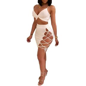 Women's Sleeveless Sexy Club Party Bandage Dresses Spaghetti Strap Two Piece Clubwear Crop Top + Lace Up Skirt in Saudi Arabia