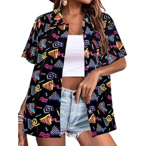 80s 90s Outfits Shirt Women Retro Disco Party Button Up Tshirt Hawaiian Beach Short Sleeve Blouse Top