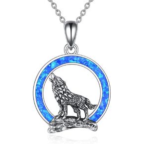 YFN Wolf Necklace Gifts for Men Women Sterling Silver Opal Moon Wolf Jewelry Birthday for Wolf Lover 18+2"