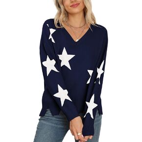 VIISHOW Women's V-Neck Pullover Sweaters Long Sleeve Crop Top Star Knit Jumper Loose Knitted Sweater