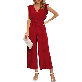 Umenlele Women's Wrap V Neck Ruffle Trim Cap Sleeve Pleated Wide Leg Pants Jumpsuit Long Romper With Belt in Kuwait