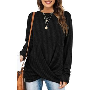 OFEEFAN Womens Tunic Tops Long Sleeve Shirts Crew Neck Twist Front lightweight Sweaters S-3XL
