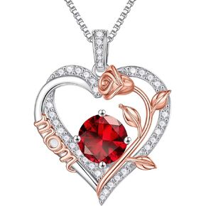 Iefil Mom Birthstone Necklace Gifts for Mom, 925 Sterling Silver Rose Round Birthstone Necklace Mothers Day Christmas Birthday Gifts Jewelry for Mom Bonus Mom Mother in Law