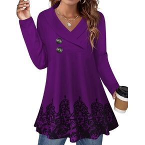 Cestyle Womens Notch Lapel Collar Swing Tunic Tops, Fake Button Floral Blouses Long Sleeve Pullover Sweatshirts