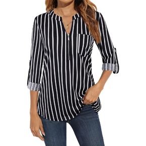 Bulotus Women's 3/4 Sleeve V-Neck Casual Plaid Tunic Shirt