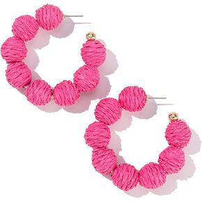 Raffia Hoop Earrings Statement Boho Earrings Cute Rattan Earrings Handmade Colorful Earrings for Women Girls Unique Summer Jewelry