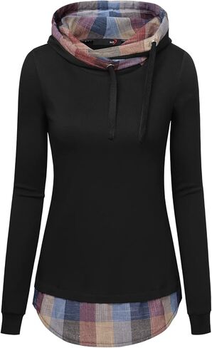 DJT Women's Funnel Neck Checkd Contrast Hooded Pullover Hoodie Top Y2K Clothes Fall Winter Outfit in Saudi Arabia