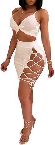 Women's Sleeveless Sexy Club Party Bandage Dresses Spaghetti Strap Two Piece Clubwear Crop Top + Lace Up Skirt in Kuwait