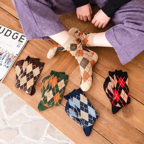 Sookiay 5 Pairs Women Crew Socks Cotton Dress Socks Vintage Style Knit Casual Socks in Kuwait