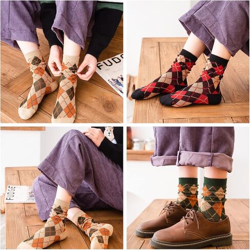Sookiay 5 Pairs Women Crew Socks Cotton Dress Socks Vintage Style Knit Casual Socks in Kuwait