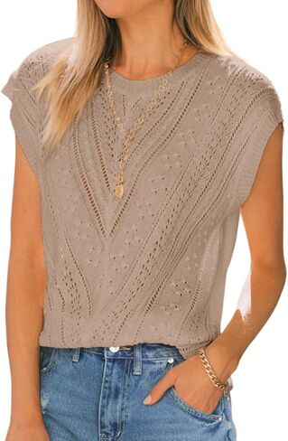 Langwyqu Womens Cap Sleeve Tops Summer Crew Neck Shirt Lightweight Crochet Knit Sweater in Saudi Arabia