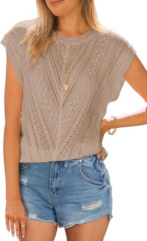 Langwyqu Womens Cap Sleeve Tops Summer Crew Neck Shirt Lightweight Crochet Knit Sweater in Saudi Arabia