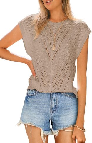 Langwyqu Womens Cap Sleeve Tops Summer Crew Neck Shirt Lightweight Crochet Knit Sweater in Saudi Arabia