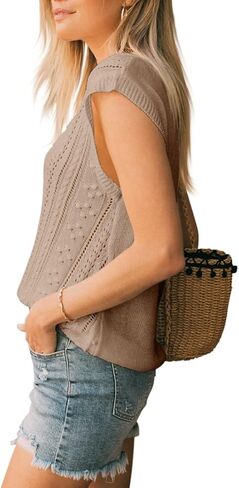 Langwyqu Womens Cap Sleeve Tops Summer Crew Neck Shirt Lightweight Crochet Knit Sweater in Saudi Arabia