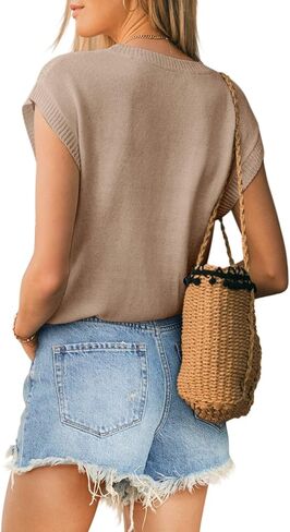 Langwyqu Womens Cap Sleeve Tops Summer Crew Neck Shirt Lightweight Crochet Knit Sweater in Saudi Arabia