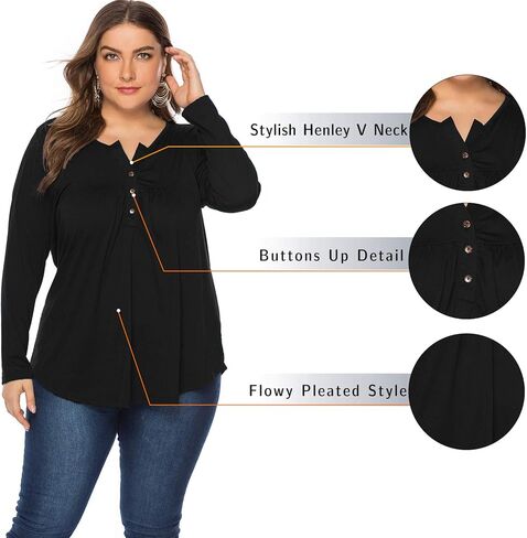 VOGRACE قمصان نسائية بمقاسات كبيرة منسابة أكمام طويلة هينلي قمصان أزرار لأعلى بلوزات مطويات تونيكات in Kuwait