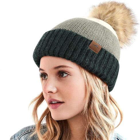 Achiou Winter Women Beanie Hat, Warm Cable Knit Beanies for Women, 3 Color Knitted Hat Skull Cap Faux Fur Pom Fleece Lined in Saudi Arabia