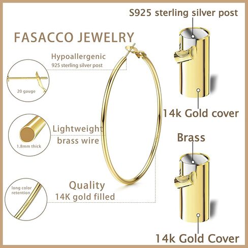 FASACCO 14K الذهب معبأ الأقراط الكبيرة للنساء الأطواق الذهبية الكبيرة رقيقة أقراط الذهب مع 925 الفضة الاسترليني in Kuwait