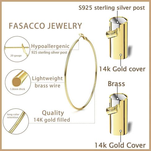 FASACCO 14K الذهب معبأ الأقراط الكبيرة للنساء الأطواق الذهبية الكبيرة رقيقة أقراط الذهب مع 925 الفضة الاسترليني in Saudi Arabia