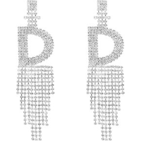 Initial Rhinestone Earrings Sparkle Alphabet Dangle Drop Earrings Clear Crystal Tassel Chandelier Statement Earrings for Women Party Jewelry