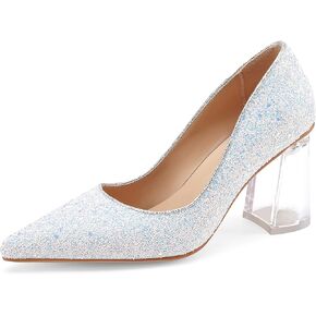 Women's High Chunky Heel Dress Pumps Shoes Sparkly Pointed Closed Toe Block Clear Heels for Women