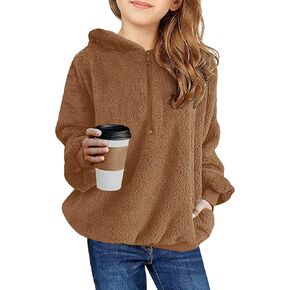 Ofenbuy Kids Girl's Fuzzy Hoodies Zipper Warm Loose Sherpa Hooded Sweatshirt Pullover With Pockets