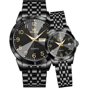 OLEVS Valentines Couple Pair Quartz Watches Luminous Calendar Date Business Dress Luxury His and Hers Wristwatch Waterproof Casual Stainless Steel Lovers Wedding Romantic Watches