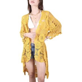 Anna-Kaci Women's Crochet Long Vest Boho Short Sleeve Kimono Cardigan Swimwear Cover up