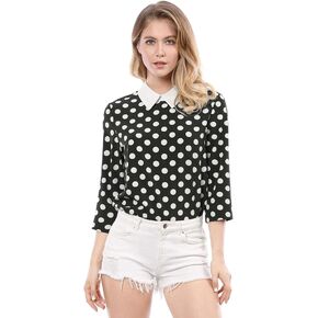 Allegra K Women's Polka Dots Contrast Peter Pan Collar Top 3/4 Sleeves Blouse Shirt