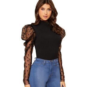 بلوزة نسائية من Floerns ذات رقبة وهمية وأكمام منتفخة in Kuwait