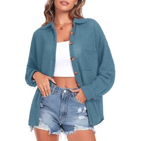 Anyhold Women's Waffle Knit Shacket Jackets Loose Fit Button Down Shirts Fall Long Sleeve Casual Dressy Tops