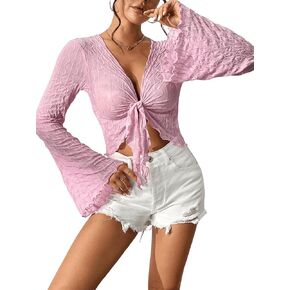 SweatyRocks Women's Long Flounce Sleeve Deep V Neck Crop Top Tie Knot Front Mesh Crop Shirt Blouse