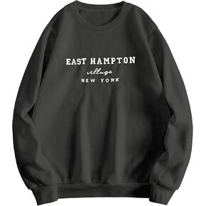 Lauweion Women’s East Hampton Letter Print Graphic Sweatshirt Oversized Drop Shoulder Fleece Teen Girls Pullover Shirt