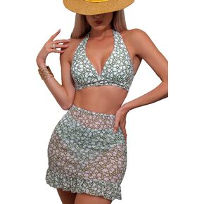 Floerns Women's 3 Piece Bathing Suit High Cut Bikini Sets Swimsuit with Cover Up Skirt