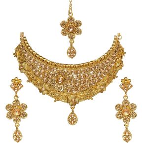 مجموعة مجوهرات عرائس تقليدية من Bindhani لوصيفة العروس تقليدية بوليوود مطلية بالذهب كوندان سلسلة وأقراط تيكا تيكا الهندية للنساء in Kuwait