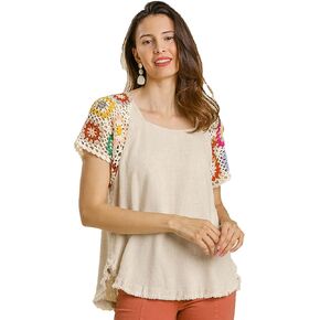 Umgee Womens Linen Blend Colorful Floral Crochet Detailed Short Sleeve Top in Kuwait