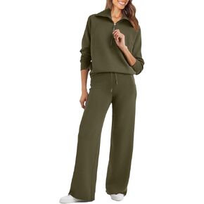 Glamaker Womens 2 Piece Outfits Sweatsuit Set Oversized Half Zip Sweatshirt Wide Leg Sweatpants Lounge Set Tracksuit