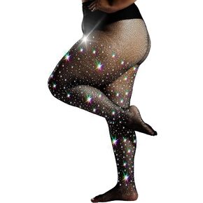 HONENNA Queen Plus Size 10X Strong Rhinestone Fishnet Stockings, Ultra Sparkly High Waist Tights for Women, Party Concert