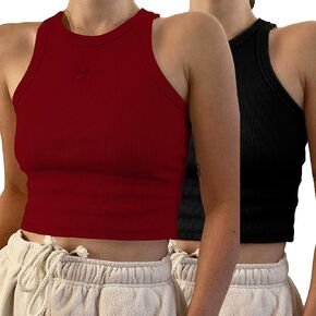 Iausie 2 Pieces Womens Basic Crop Top Racerback Workout Shirts High Neck Teen Girls Ribbed Cropped Tank Tops 2341