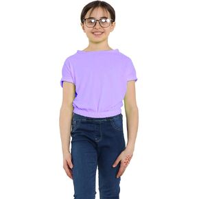 Loxdonz Girls Basic Dance Crop Top Kids Short Turn Up Sleeve Elastic Hem Crop T-Shirt Tee Tops